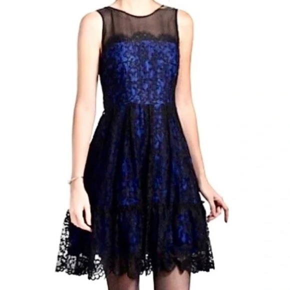 Moulinette Soeurs Blue Black Lace Overlay Dress 1/2 Zip in Back Women’s Dress 4 - Picture 1 of 13